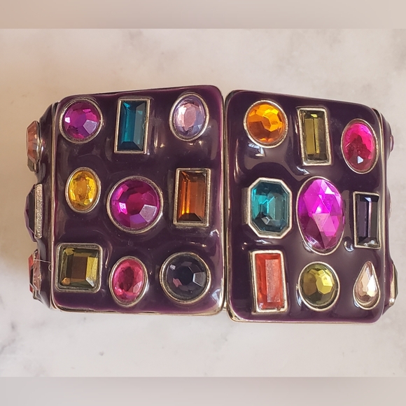 Vintage 2000s Bling Purple Cuff Rhinestones Chunky Statement Bracelet - Picture 3 of 8